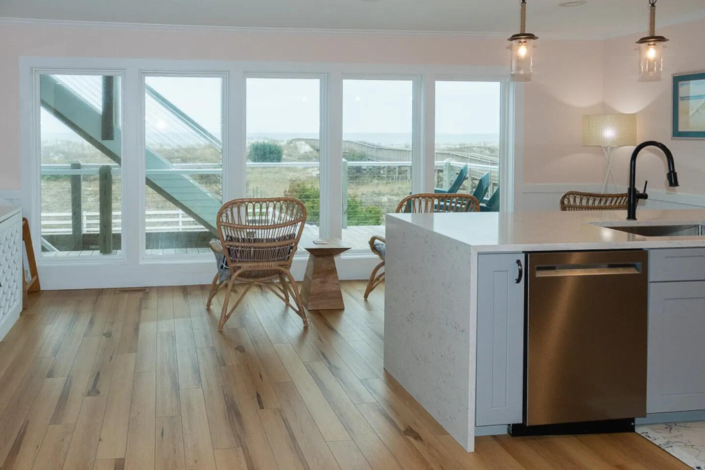 Kitchen with windows looking out to the deck