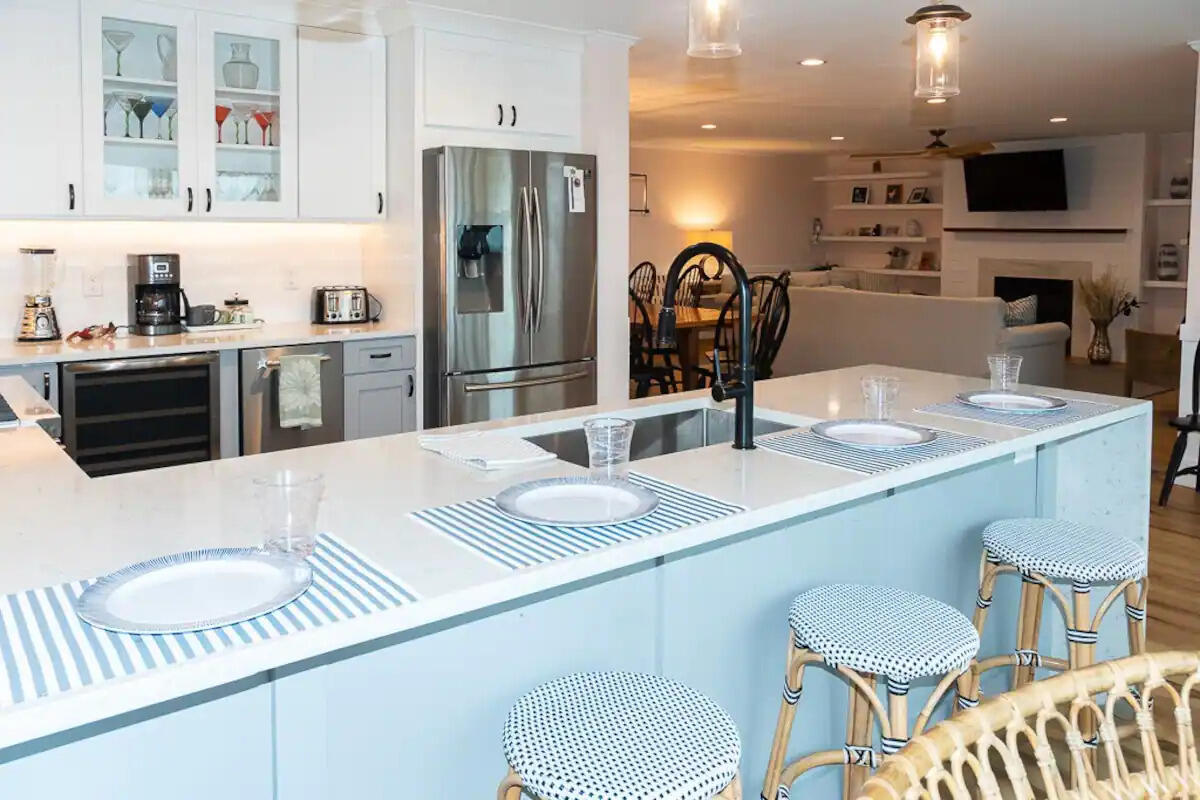 Fully stocked kitchen with wine refrigerator